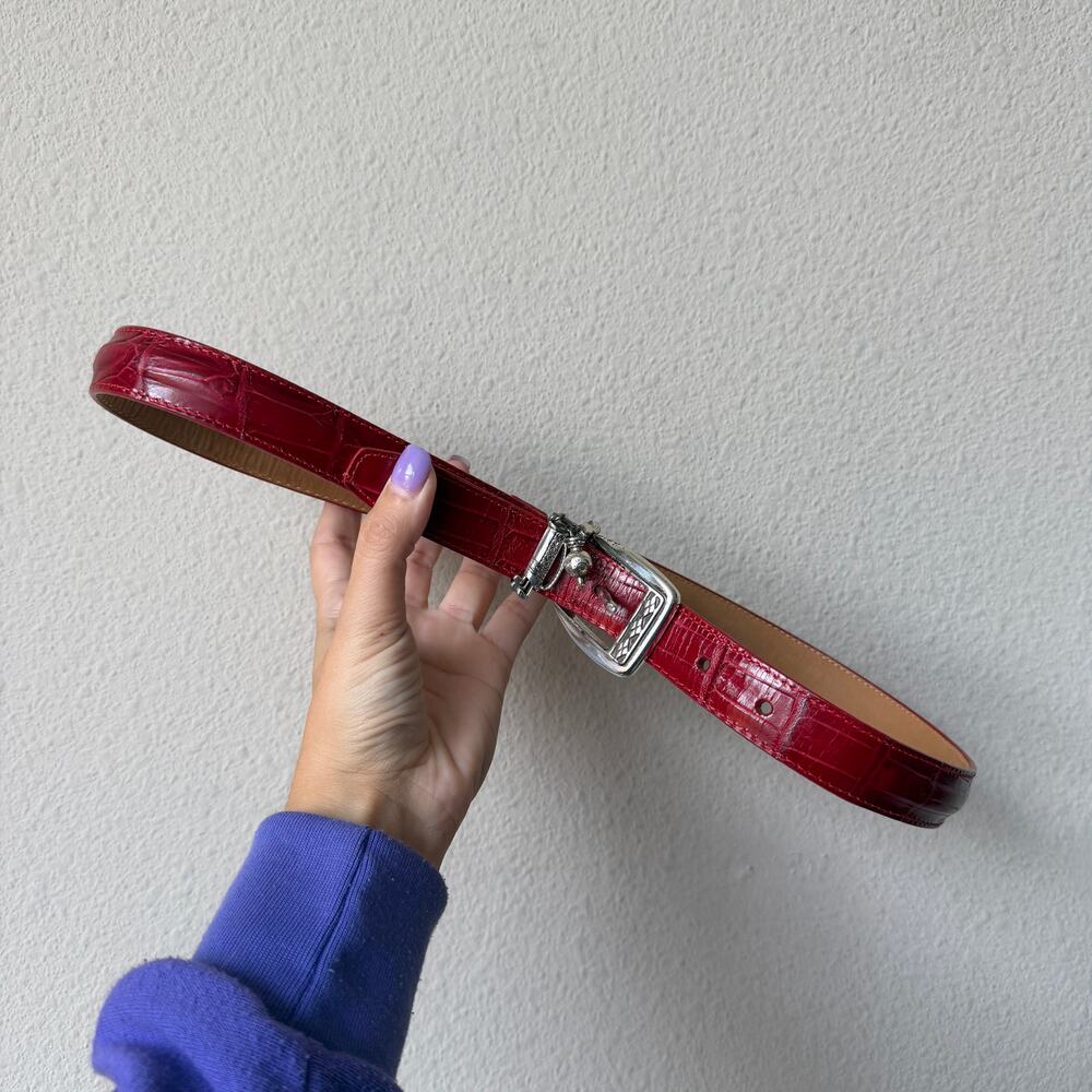 Brighton Red Leather Embossed Silver Buckle Belt